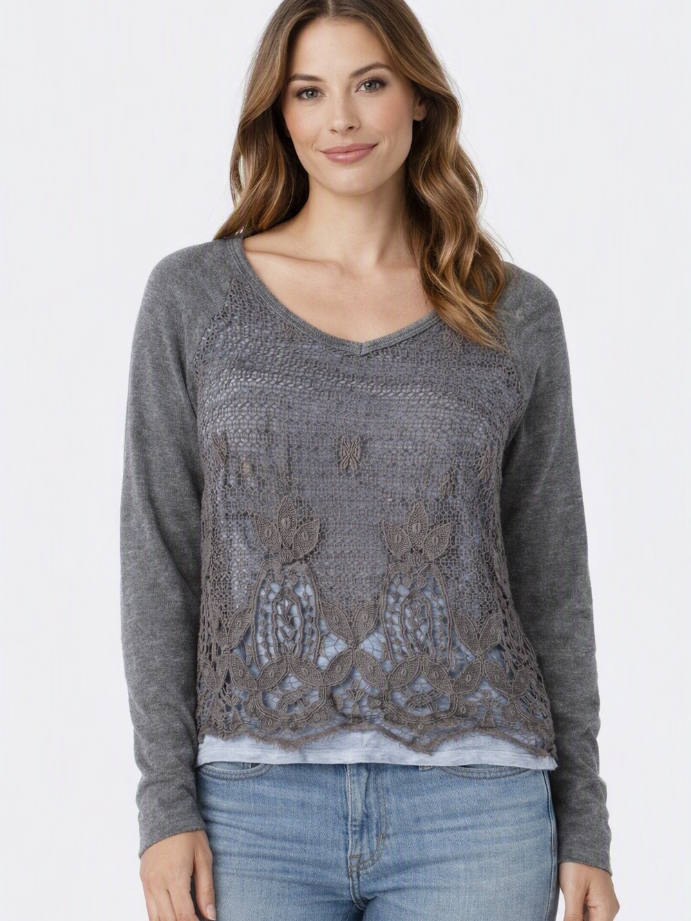 Democracy Crochet embroidered Lace lightweight Scoop Neck Sweater size medium